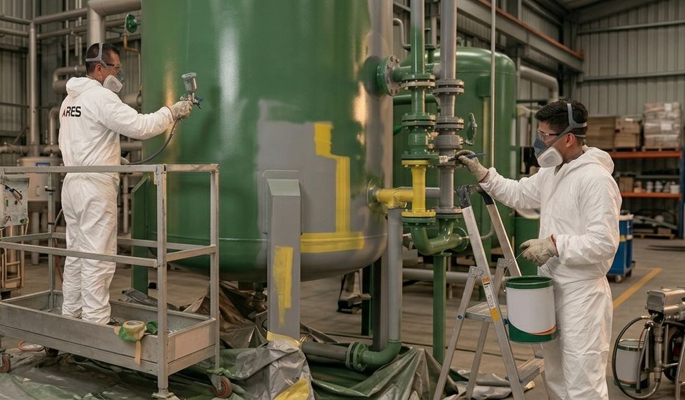 Dos técnicos de Grupo Multiservicios ARES aplicando pintura anticorrosiva a un tanque en planta