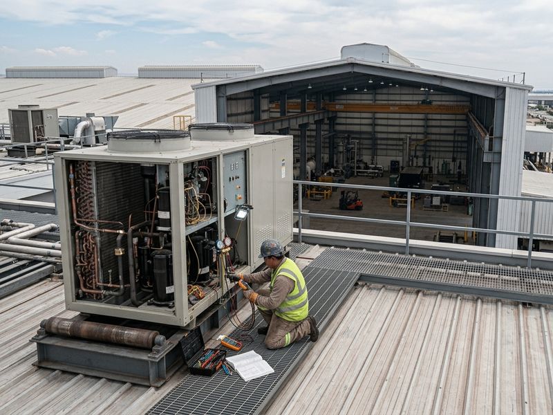 Técnico dando mantenimiento a una unidad condensadora de aire acondicionado en azotea