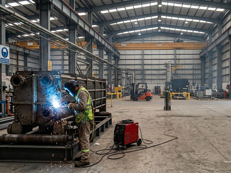 Técnico soldando un intercambiador de calor dentro de una nave industrial